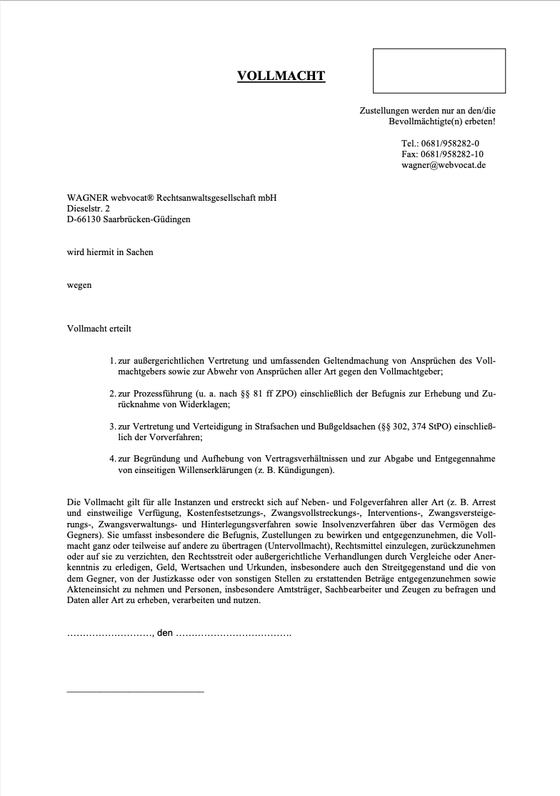 Mandatsvollmacht Wagner webvocat